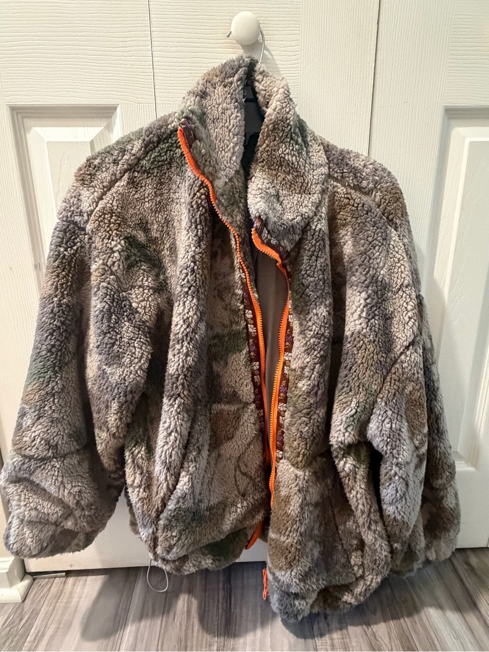 Cozy Faux Sherpa women’s ' Jacket - Gray Camo with Orange Trim